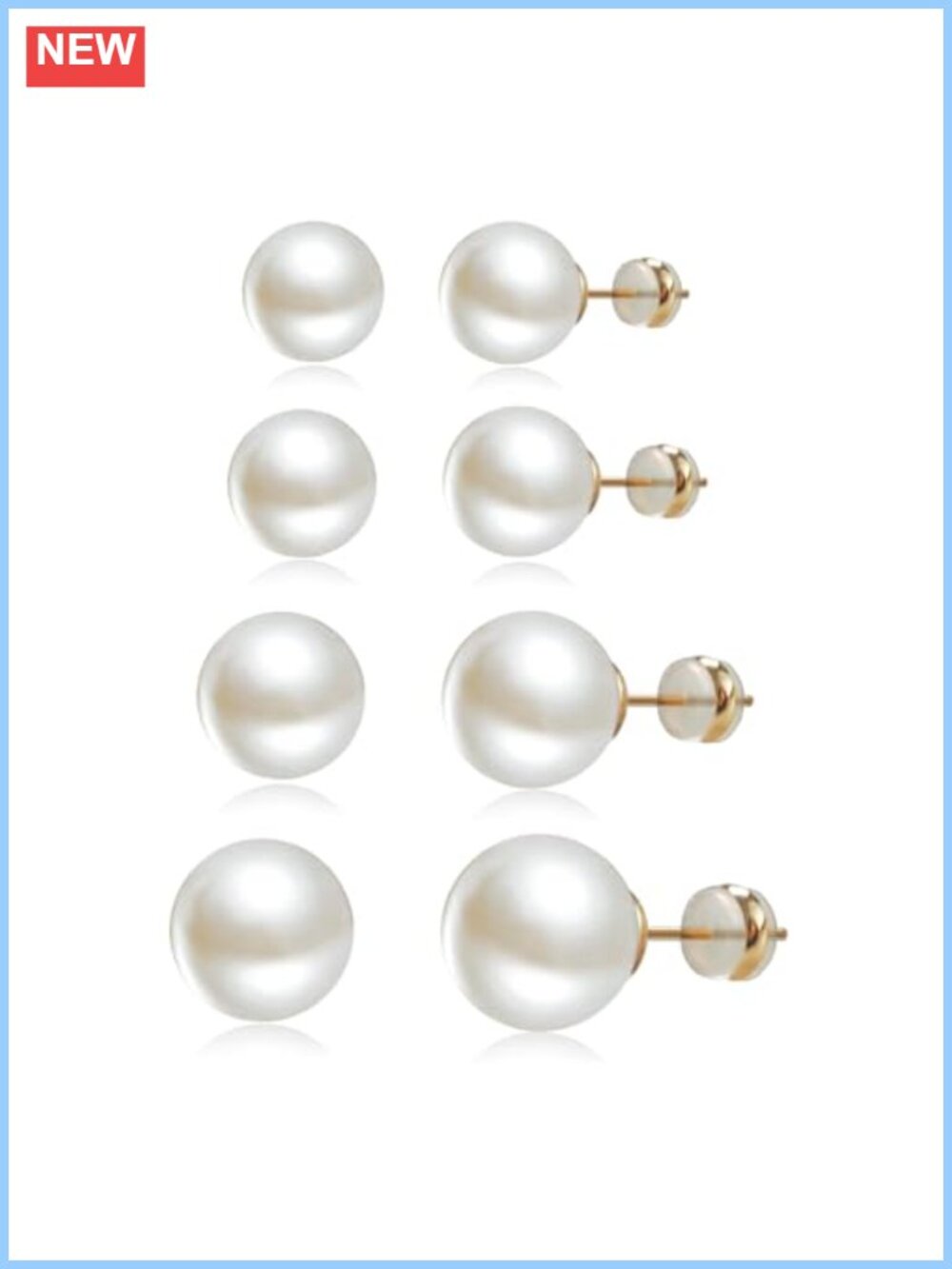 Pearl Stud Earrings Set 14K Gold Plated Sterling Silver 4 Pairs